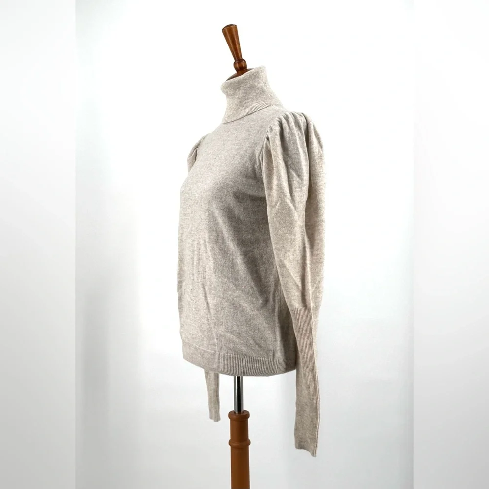 Aqua Cream Oatmeal Cashmere Puff Sleeve Turtleneck Sweater Size L - Picture 9 of 10
